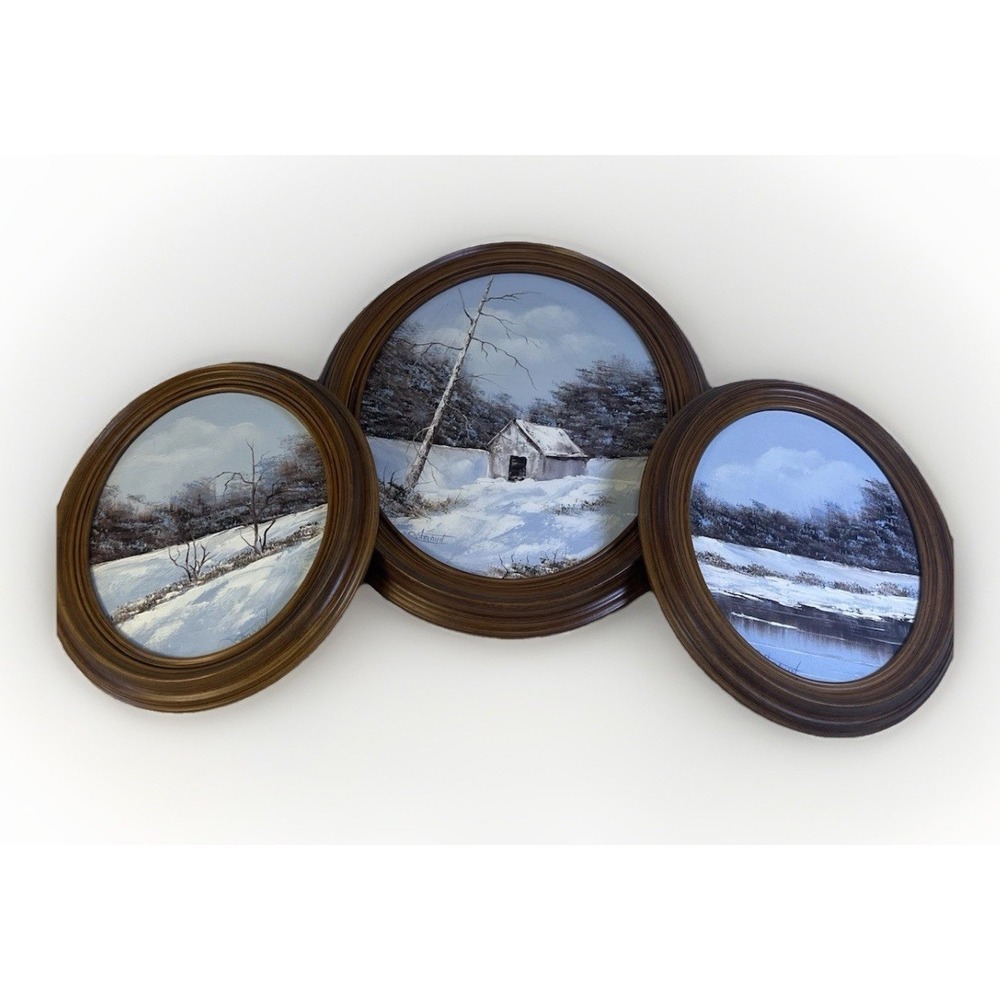 Painting Landscape Snow Scene Rustic Cabin Set of 3 Oval Framed Winter Decor